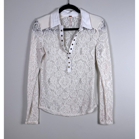 Free People Tops - Free People Cream Lace‎ Collared Henley Shirt Long Sleeve Size M